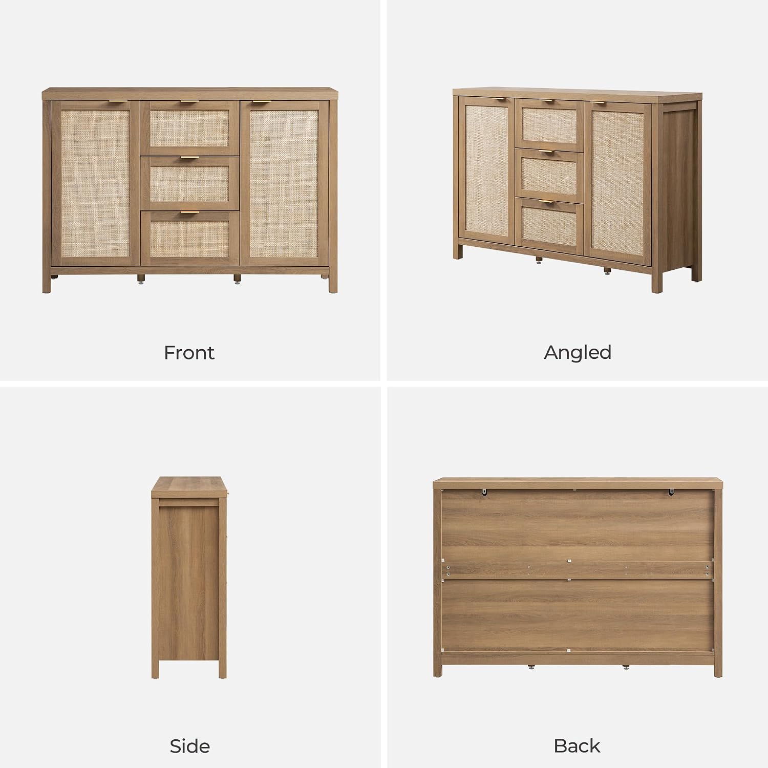 SICOTAS Rattan Sideboard Buffet Cabinet with Storage - 52' Larger Farmhouse Credenza Storage Coffee Bar Cabinet with 3 Drawers & 2 Doors, Boho Console Table for Living Room, Kitchen, Caramel Oak