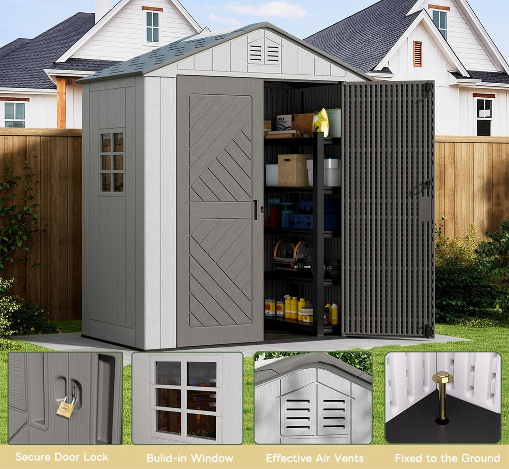 KINYING 6x4 FT Outdoor Storage Shed,Resin Clearance Outdoor Sheds with Floor,Weather Resistant Garden Tool Shed for Lawn Mower/Bike Storage/Pool Supplies,Lockable