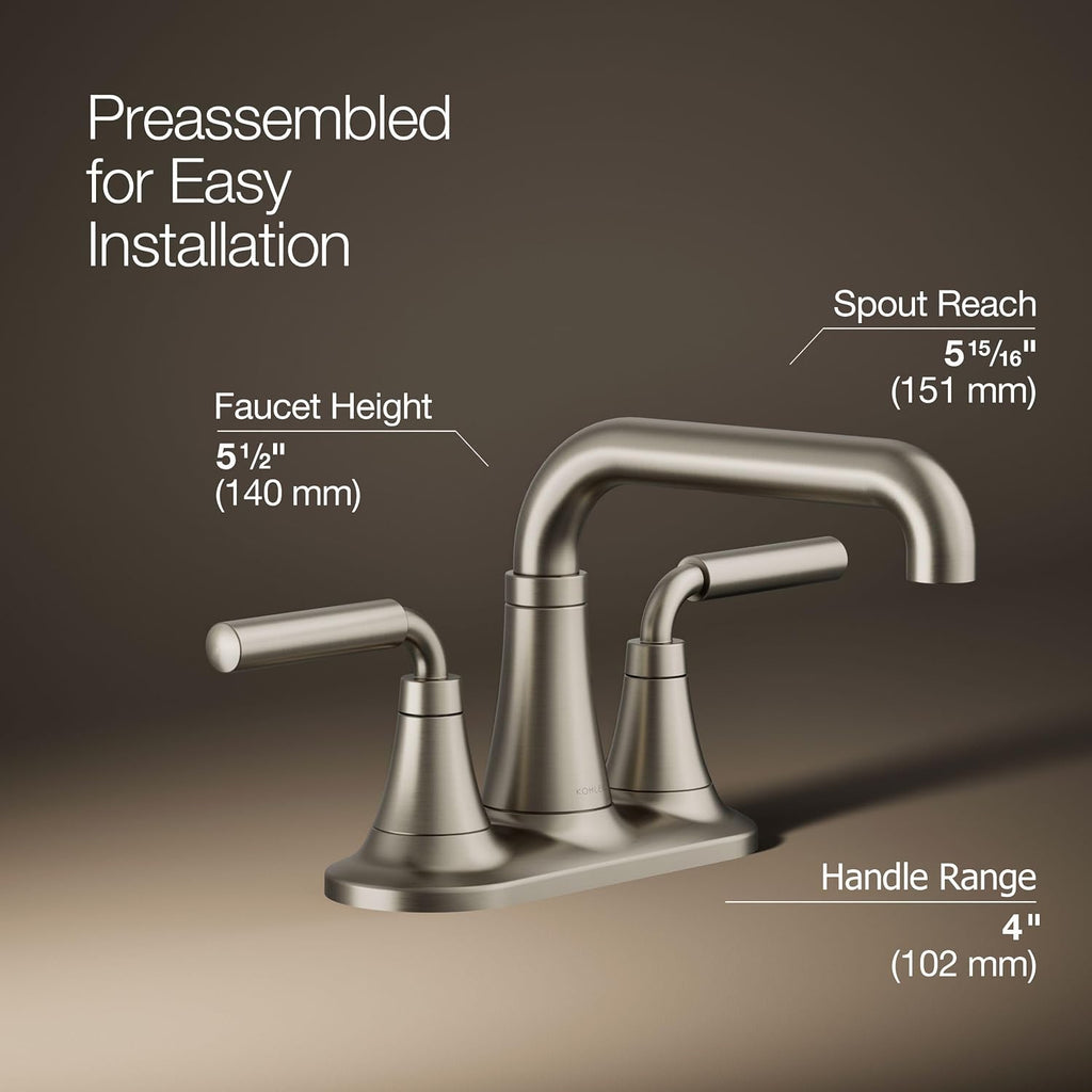 KOHLER K-27414-4-BN Tone™ Centerset Bathroom Sink Faucet, Clicker Drain, Bathroom Faucets, 1.2 GPM, Vibrant Brushed Nickel