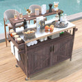 53.3' Outdoor Kitchen Island with Raised Shelf, Solid Wood Storage Cabinet with Stainless Steel Top, Outdoor Rolling Grill Cart with Internal Storage Rack, Adjustable Shelf, Spice Rack (Brown)