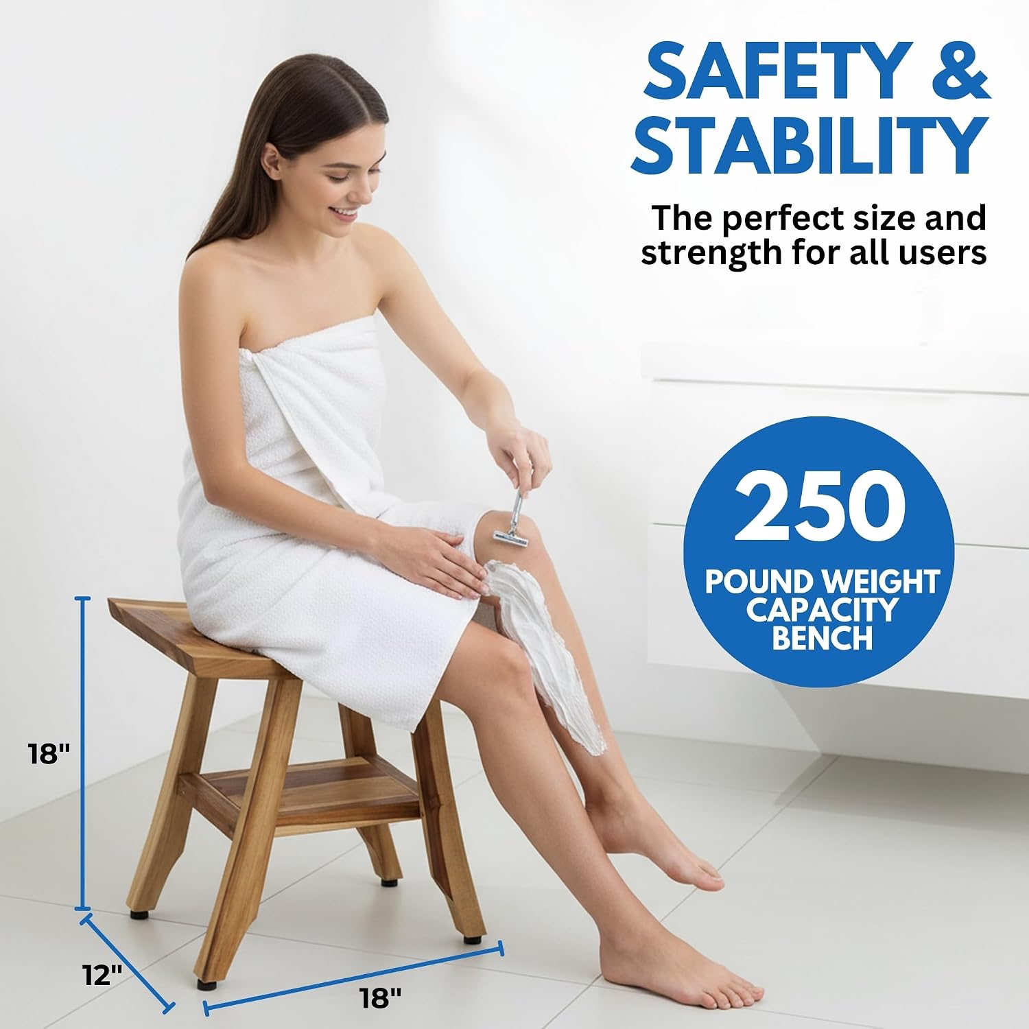 EcoDecors 18' Satori Teak Shower Bench –Compact Bath Seat, Natural Wood Finish Water-Resistant Spa Bench | Slatted Design & Adjustable Feet for Indoor Outdoor Use | Storage Shelf