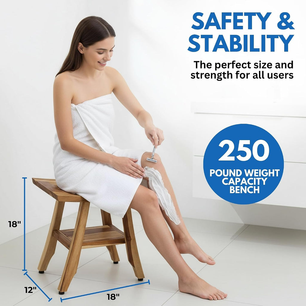 EcoDecors Fully Assembled, Satori 18' Teak Shower Bench, Wooden Shower Bench, Shower Stool, Compact Fit for Small Bathrooms & Walk-in Showers – Slip-Resistant Feet, Sauna Bench, Shower Stool Wood