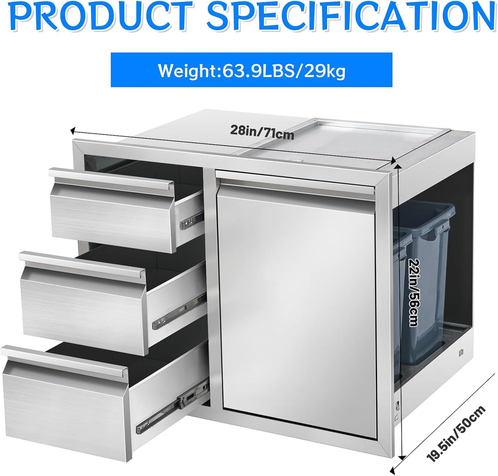 Outdoor Kitchen Drawer Combo, Stainless Steel Triple Drawer Cabinet with Built-in Trash Bin Drawer & Two Trash Cans, 28' W x 22' H x 19.5' D Outdoor Kitchen Storage for BBQ Grill Islands