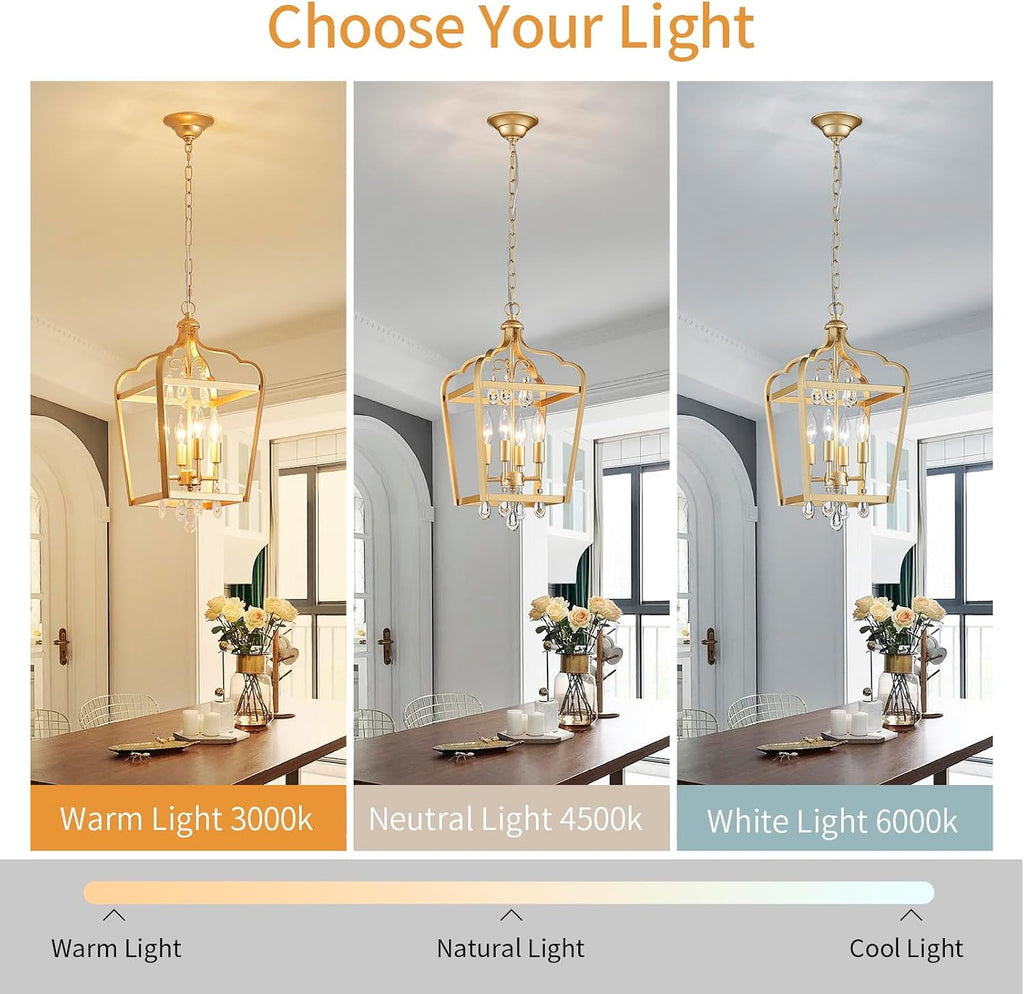 Gold Crystal Chandelier, 4-Light Modern Chandeliers for Dining Room Light Fixture Over Table Adjustable Height Hanging Farmhouse Pendant Light for Hallway Entryway Living Room Kitchen Island Bedroom