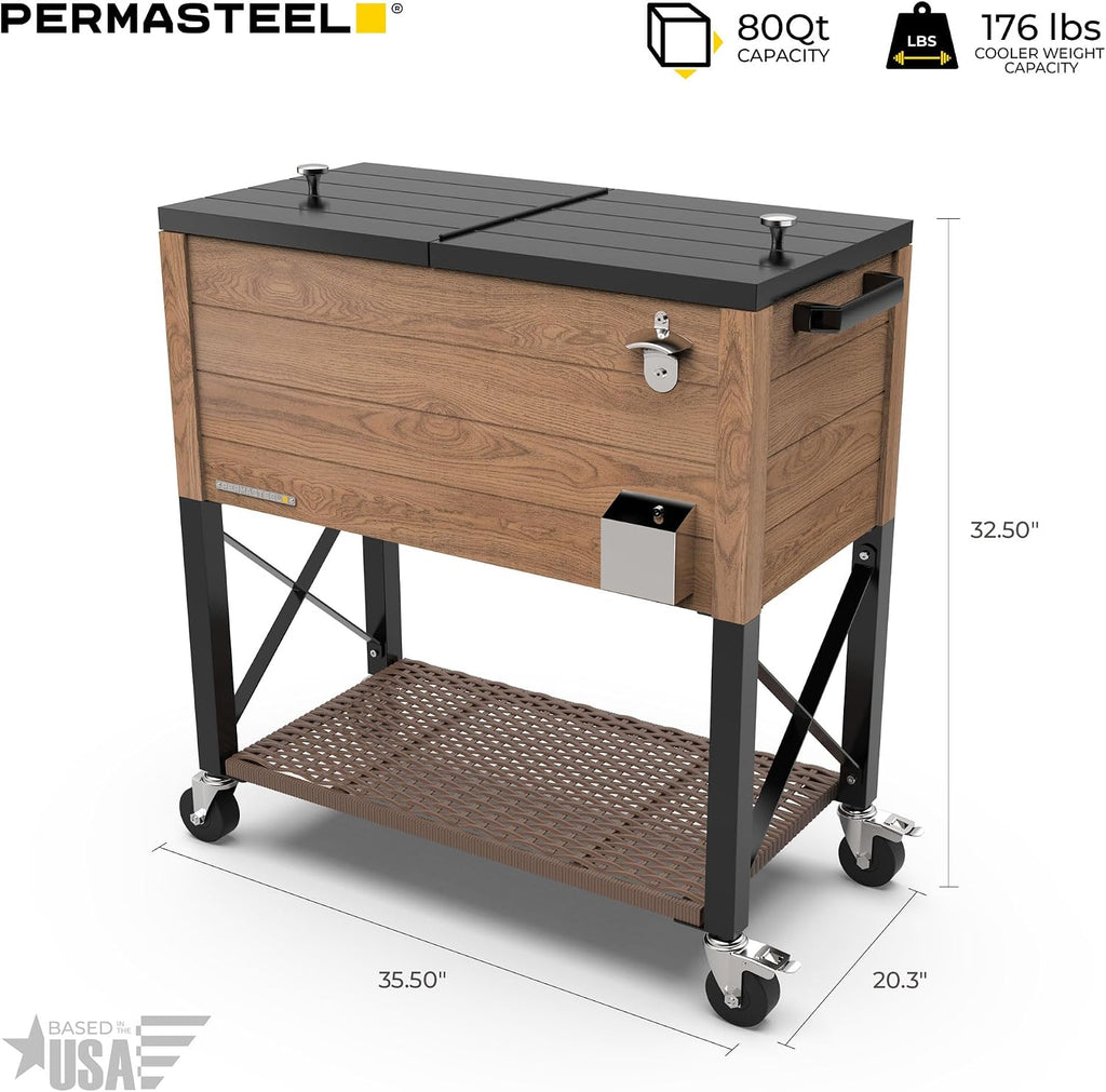 Permasteel 80 Quart Party Cooler, Rolling Ice Chest with Wheels and Handles for Indoor Outdoor Patio