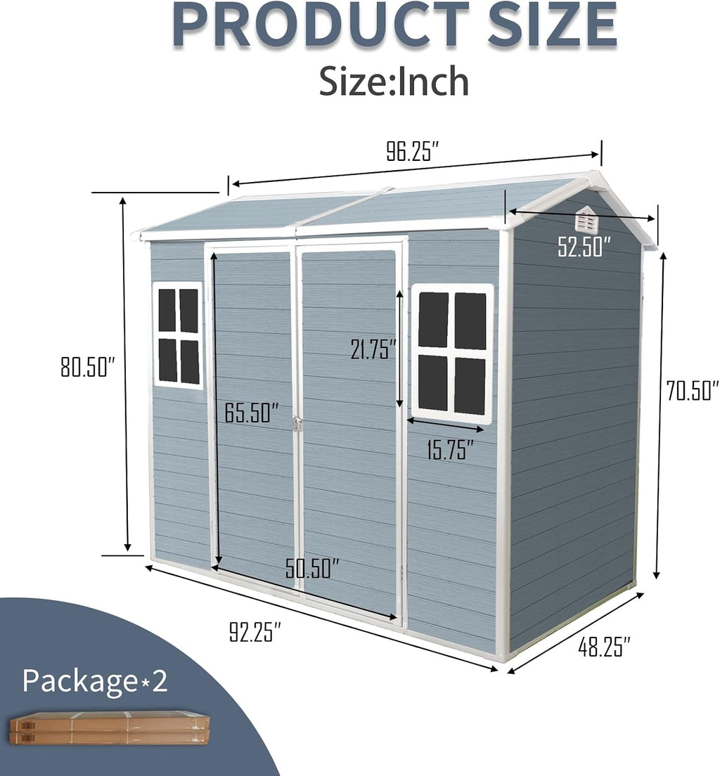 8x4ft Resin Outdoor Storage Shed: Double Doors & Two Windows, Heavy-Duty Plastic Shed with Floor, Waterproof UV-Proof Garden Tool Storage for Backyard, Patio, Yard, Lawn