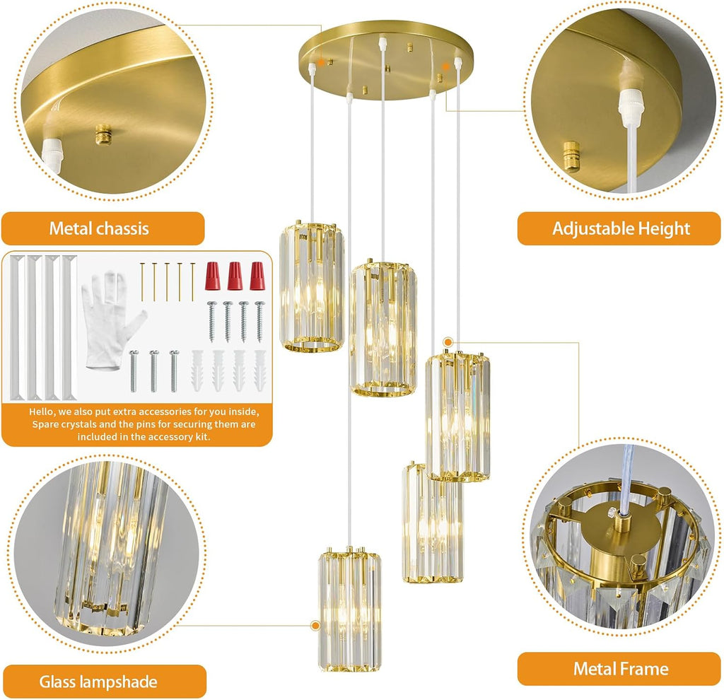 Gold Pendant Lighting Modern Pendant Light, Mini Crystal Chandeliers,Adjustable Pendant Light Fixture for Kitchen Island Dinning Room Corridor Bedroom(Gold 5-Light)