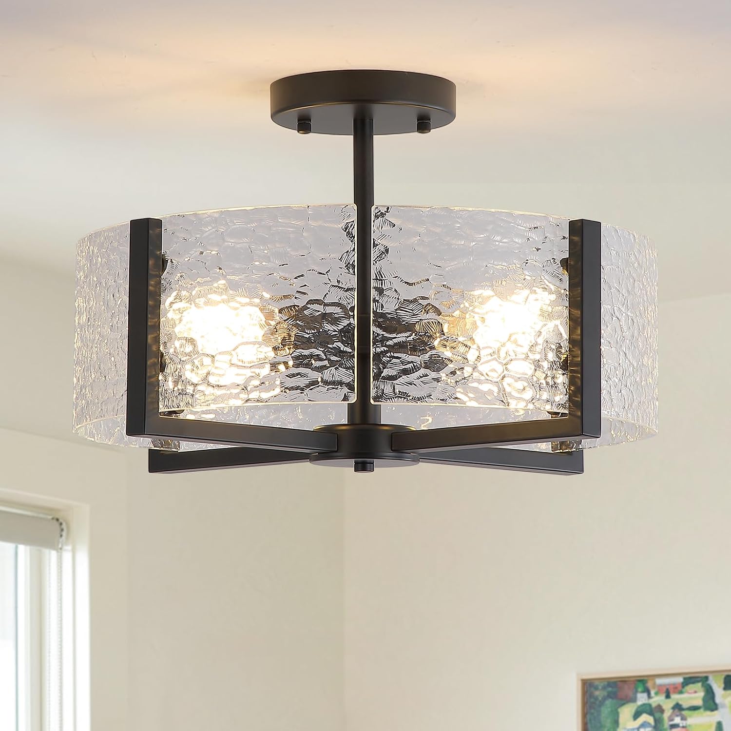 18' Black Large Semi Flush Mount Ceiling Light, 4-Light Farmhouse Ceiling Light, Foyer Light Fixtures Modern Glass Ceiling Mount for Entryway Bathroom Hallway Bedroom Kitchen