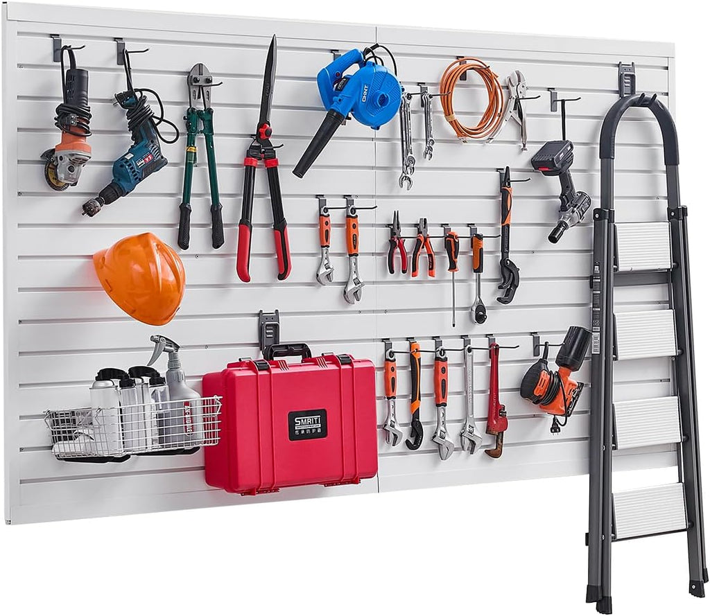 VEVOR Slat Wall Paneling, 8 x 4 ft, PVC Garage Slatwall with Accessories, White Slat Wall Easy-to-Install Adjustable Slatwall Panel with Coupling Structure & DIY Cutting, Fits for Storage & Display