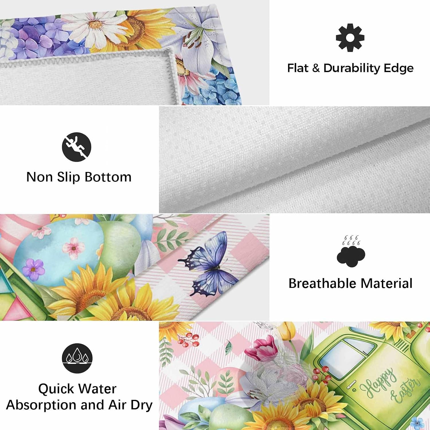 Spring Easter Outdoor Rug for Patio/Deck/Porch, Non-Slip Large Area Rug 5 x 8 Ft, Colorful Eggs Floral Truck Butterflies Pink Plaid Indoor Outdoor Rugs Washable Area Rugs, Camping Rug Carpet Runner