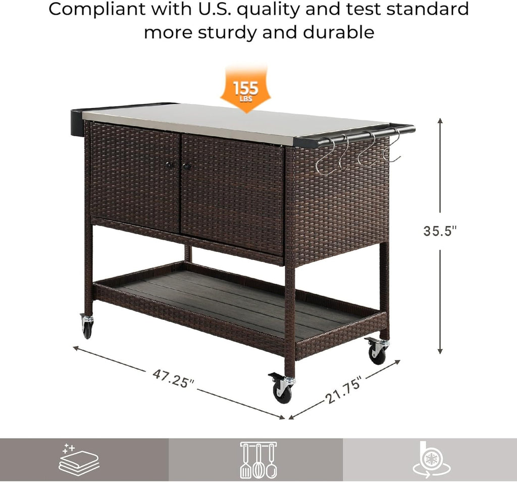 Grand patio Outdoor Bar Cart, Patio Storage Cabinet with Stainless Steel Top & Lockable Wheels, Kitchen Island Table Grill Cart for Outside Backyard Garden, Brown