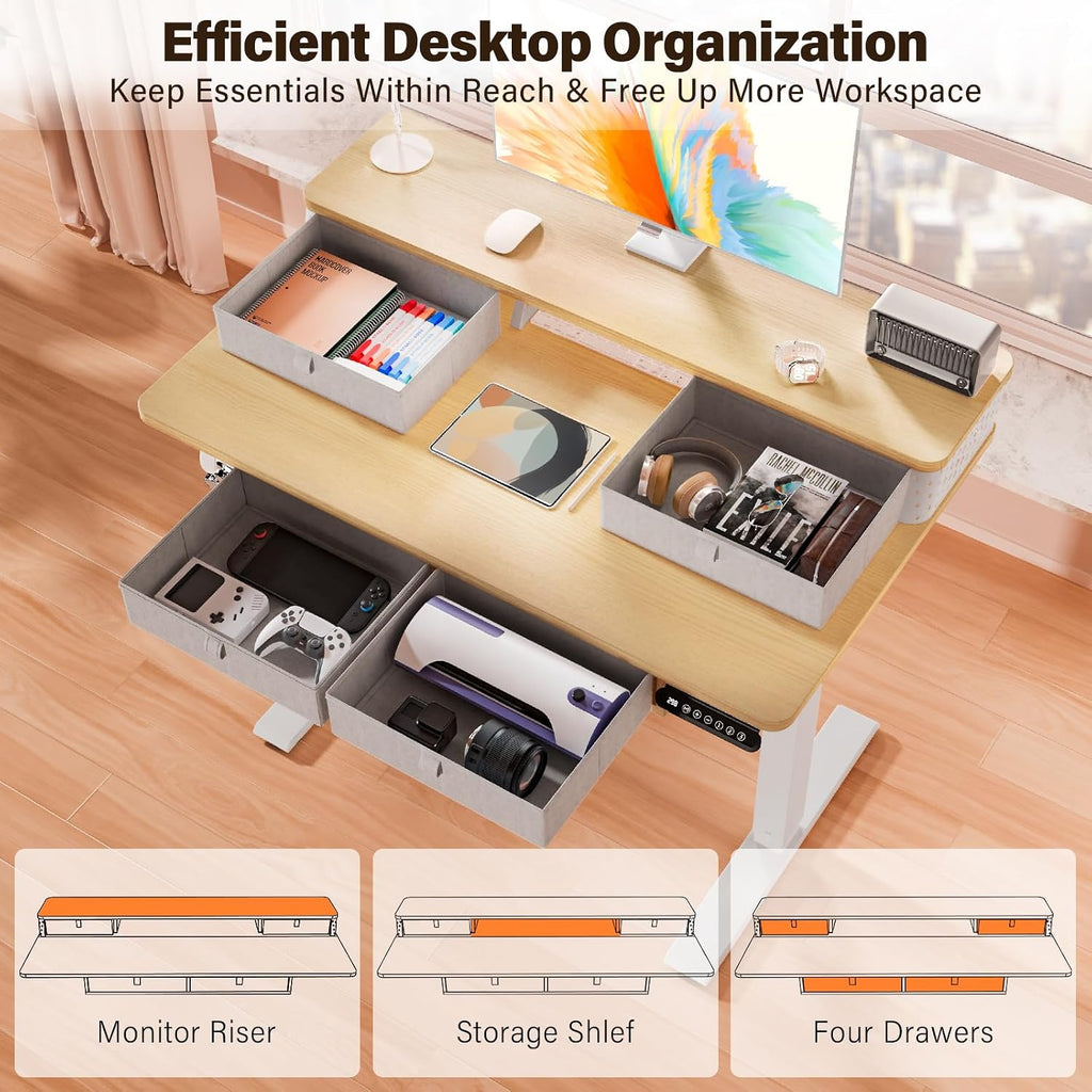 Kingant 40 x 24 Inch Small Electric Standing Desk with 4 Drawers, Height Adjustable Sit to Stand Computer Desk with Storage Shelf and C-Clamp Mount Compatibility for Home Office, Nature
