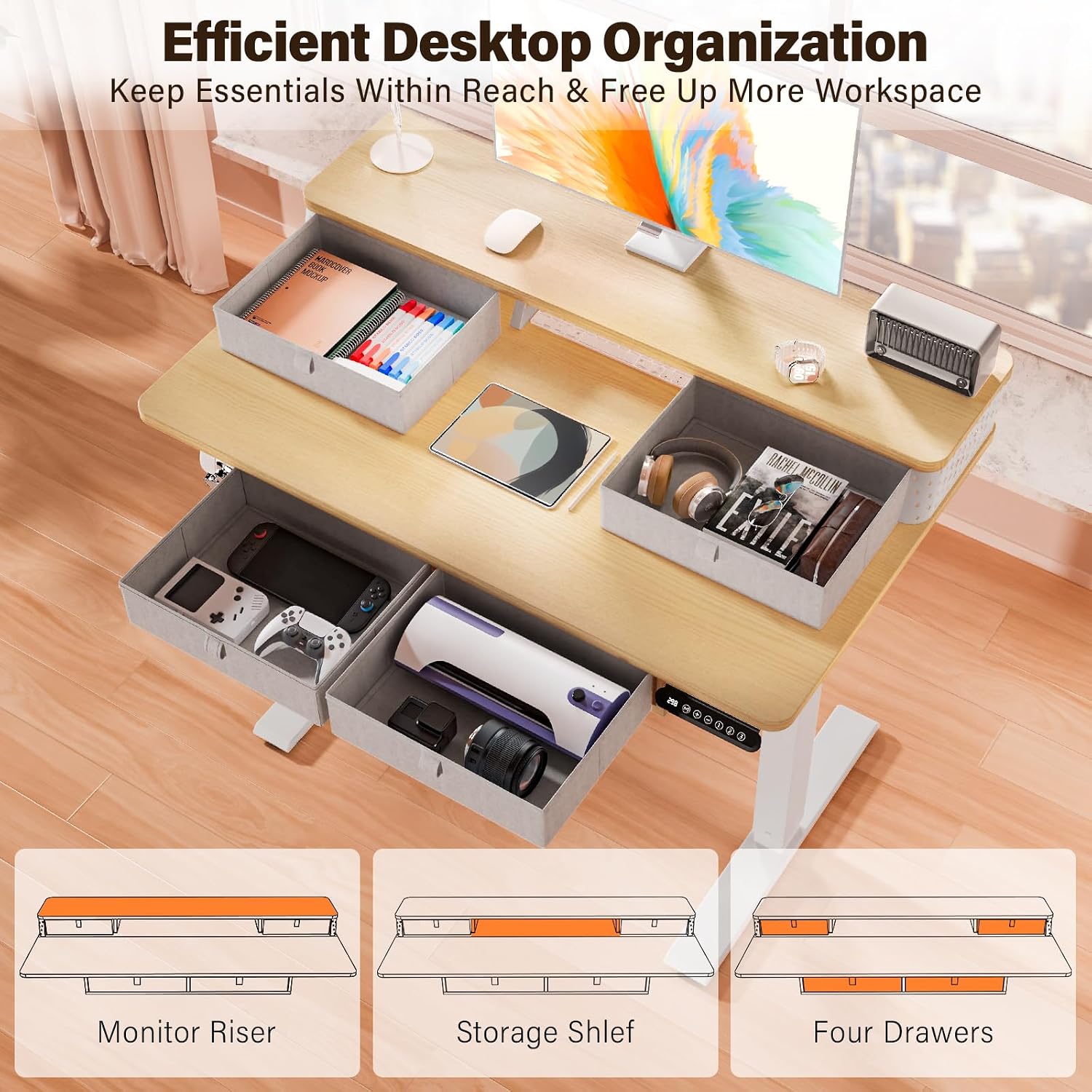 Kingant 40 x 24 Inch Small Electric Standing Desk with 4 Drawers, Height Adjustable Sit to Stand Computer Desk with Storage Shelf and C-Clamp Mount Compatibility for Home Office, Nature