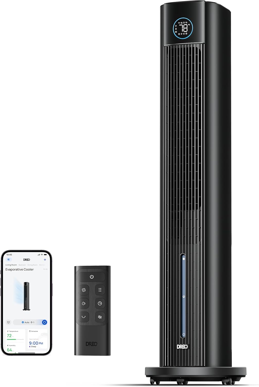 DREO Evaporative Air Swamp Cooler, 43' Cooling Fans that Blow Cold Air 2025 Upgraded, 85° Oscillating Floor Fan for Bedroom, Easy Cleaning, APP Control, Ice Packs, 4 Speeds & 4 Modes, 12H Timer, Black