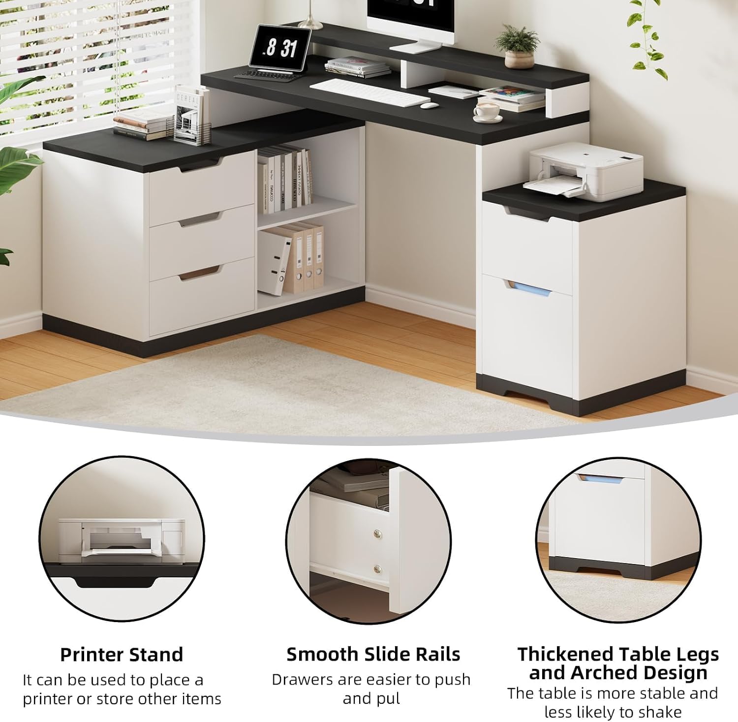 MaverickFurni Modern L Shaped Desk with Drawers, 71 Inch Home Office Desk with File Cabinet and Printer Shelf, Wood Computer Desk with File Drawers and Monitor Stand, White and Black