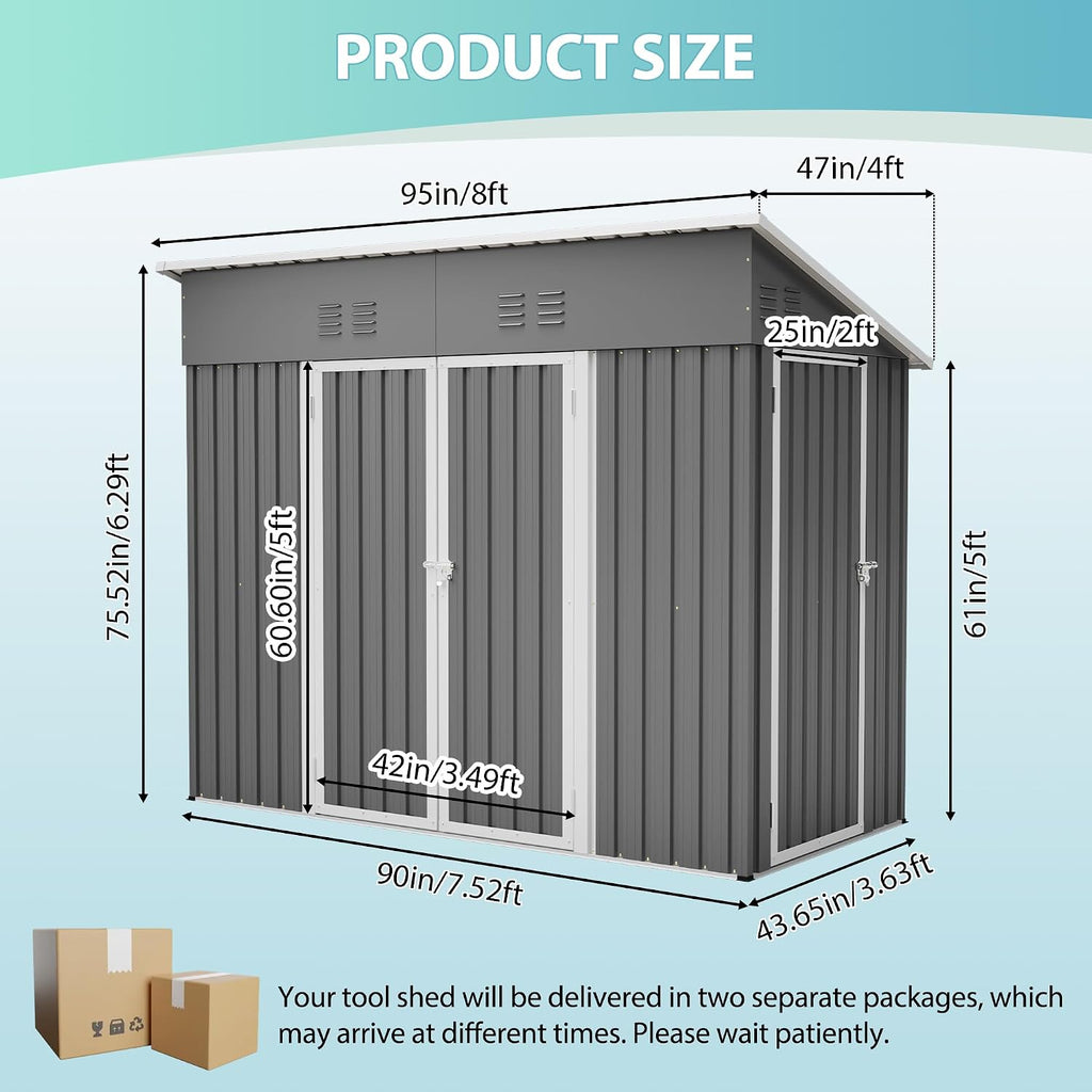 YOPTO 4x8 FT Outdoor Storage Shed,Slope Roof Storage Metal Garden Shed Steel with Reinforced Beams,All Weather Waterproof Garden Tool House W/Lockable Door & 4 Air Vents,for Backyard,Patio,Lawn,Grey