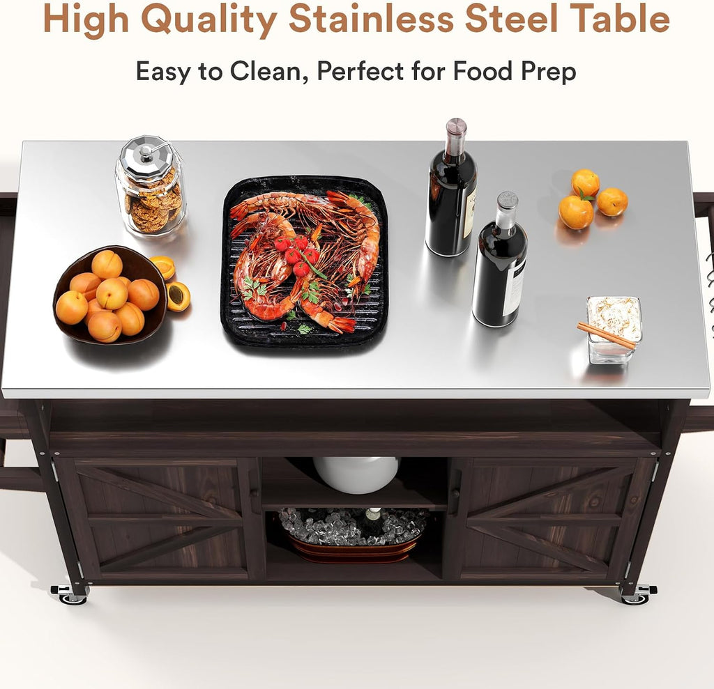 Zevemomo Outdoor Grill Cart with Storage Space, Stainless Steel Tabletop Outdoor Kitchen Island, Fir Wood Outdoor Buffet Cabinet with Lockable Casters for Grilling, Brown