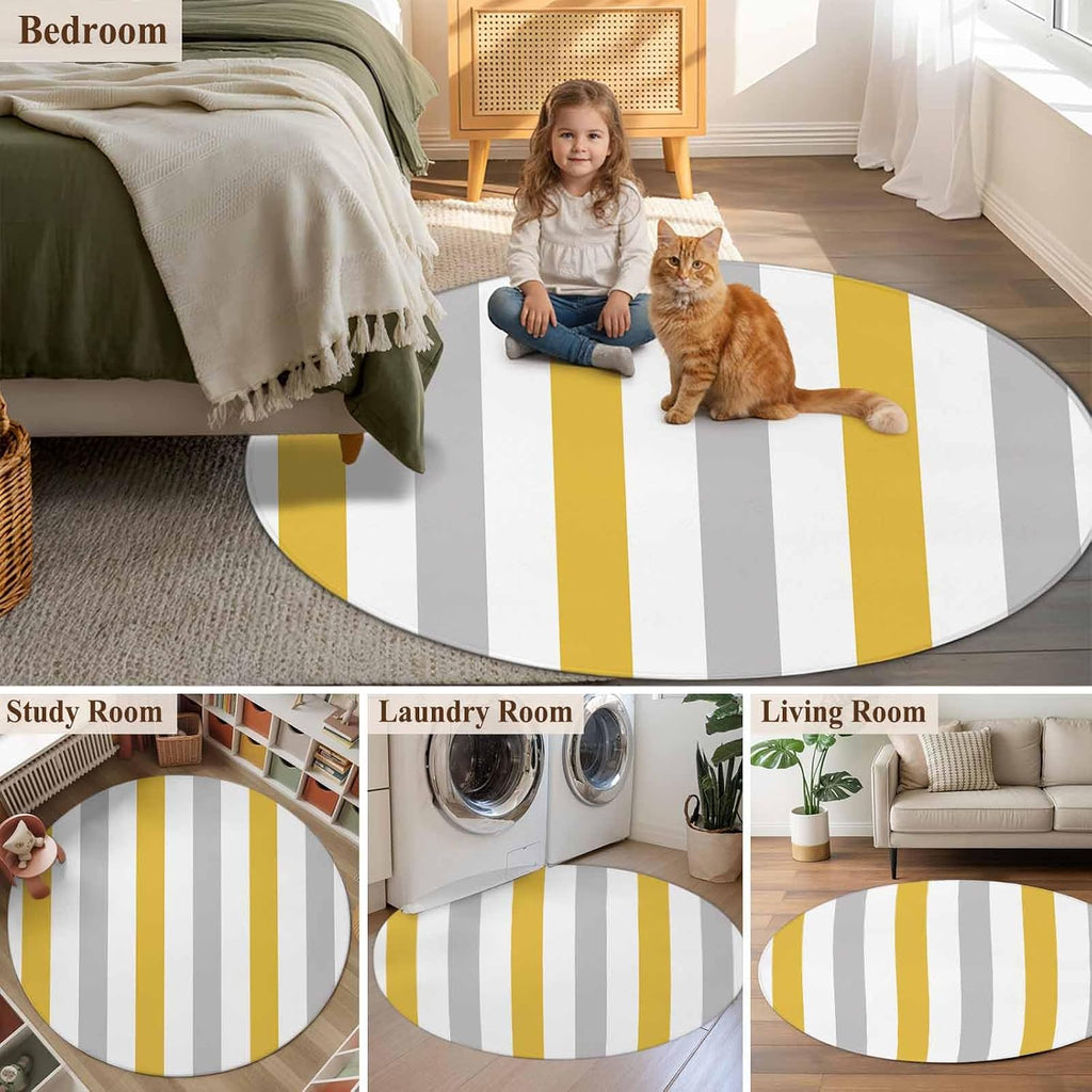 Large Round Rug 8Ft, Orange Grey Striped Living Room Circle Rug Washable Round Area Rug, Geometric Vertical Stripes White Non Slip Indoor Carpet for Entryway Dining Room Bedroom Aesthetic Decor