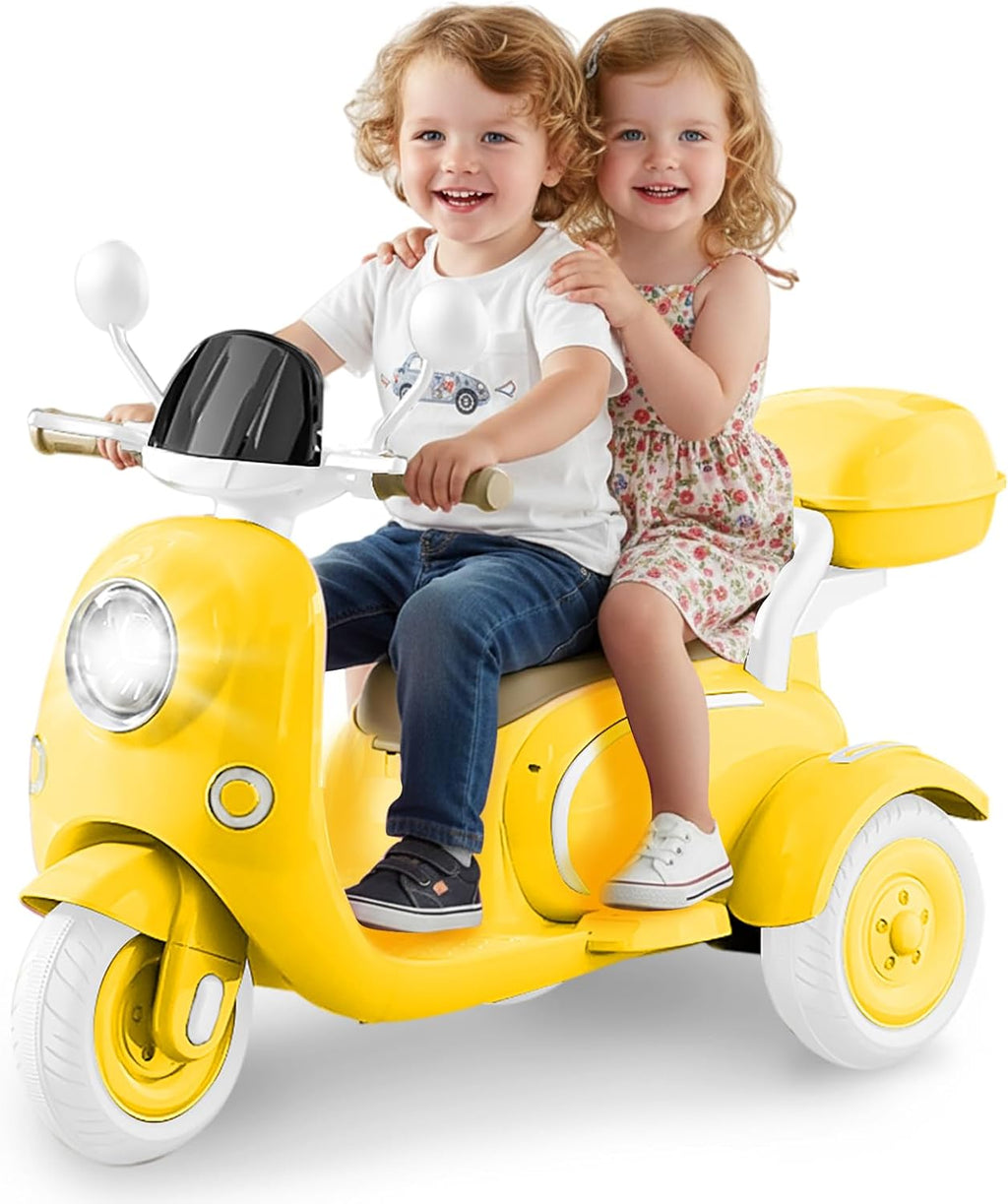HEIMILI 12V 2-Seater Ride on Motorcycle for Kids, 3 Wheel Electric Motorbike with Dual 25W Motors, Toddler Moped Scooter with Bluetooth Music, Battery Powered Toy for Girls Boys 3-6 Years, Yellow