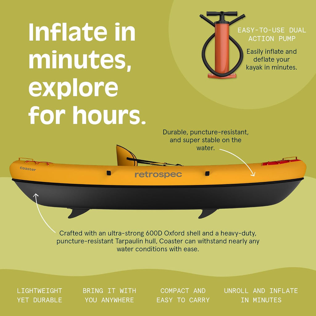 Retrospec Coaster Single & Tandem Inflatable Kayak for Adults - Blow Up Kayak, 220 & 440lb Capacity, Portable Lightweight Kayak with Paddle, Pump & Carry Bag