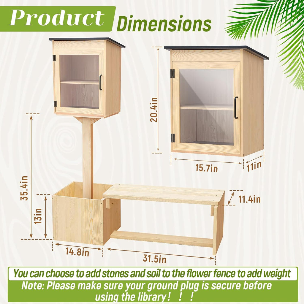 Wonderjune Little Library Box Outdoor with Bench Set, Durable Weatherproof Solid Wood Exchange Box with Floor Plugs and Flower Fence for Neighborhoods, Community, School(Wood)