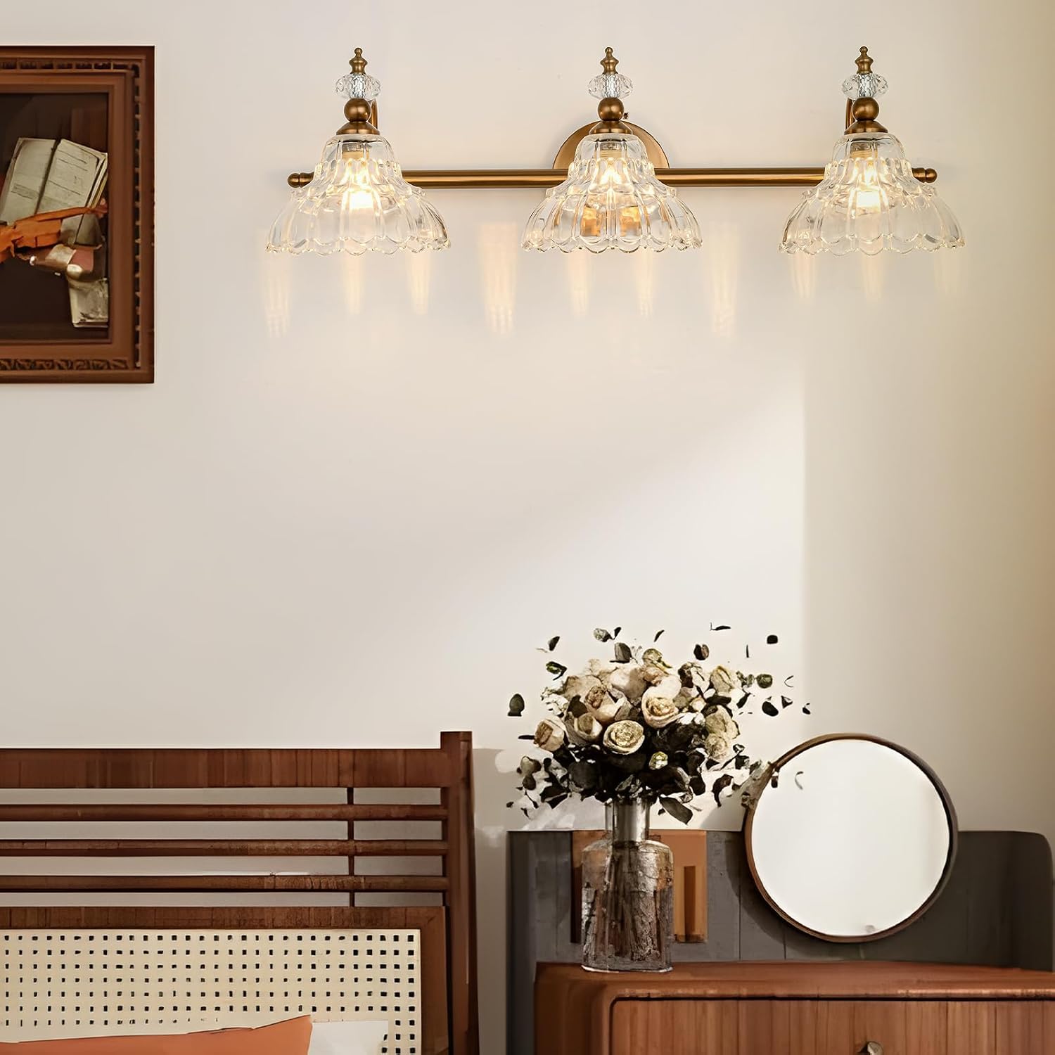 LOUSACE 3-Light Gold Vintage Bathroom Vanity Lights, Antique Brass Bathroom Light Fixture Over Mirror, Retro Brass Vanity Lighting Fixtures with Crystal Glass Shade, Restroom Wall Light Fixture
