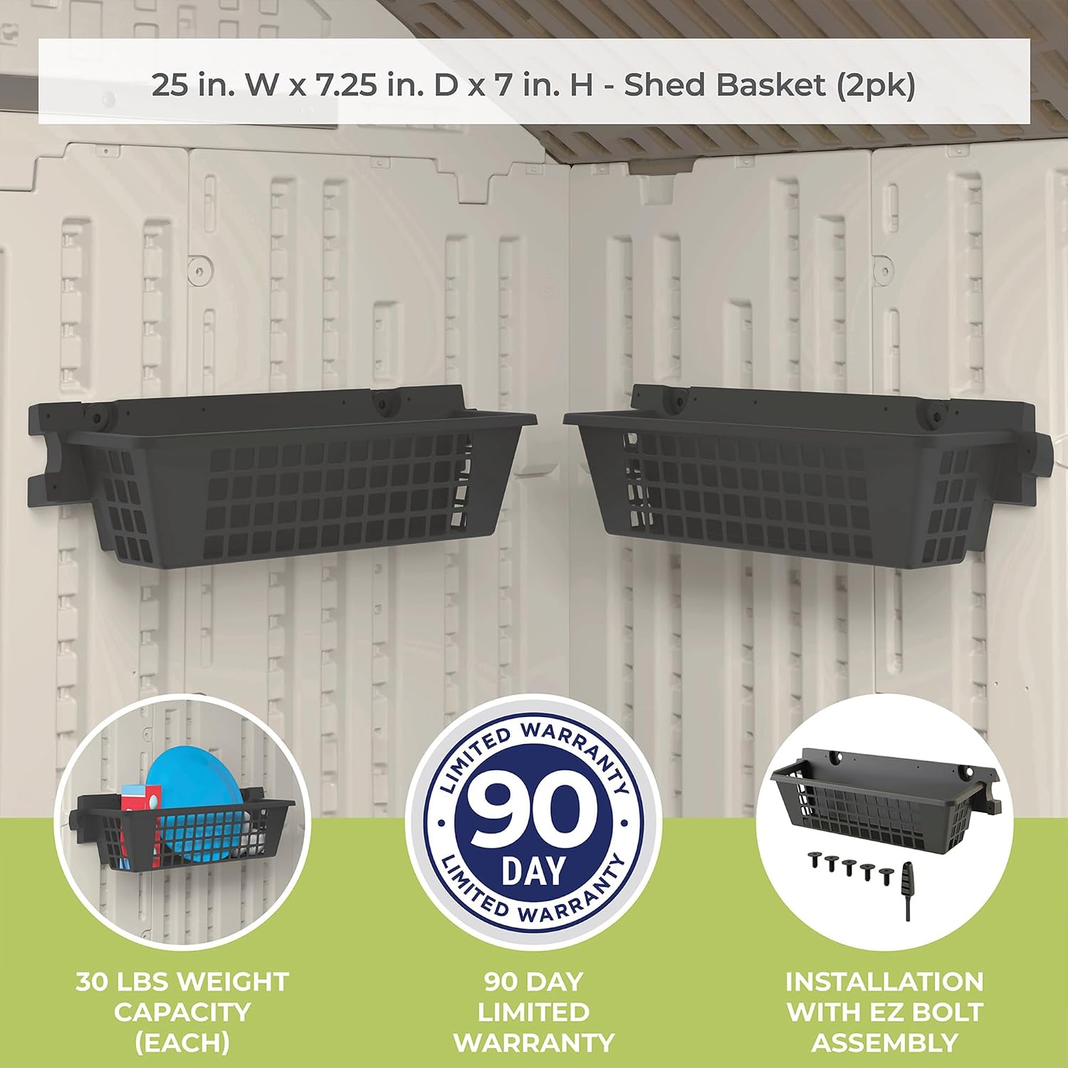 Suncast 6 Pack Accessory Baskets, Resin Organizers for Shed, Black, 25' x 7.25' x 7' - Outdoor Storage, 30 lb Weight Capacity, EZ Bolt Wall-Mount