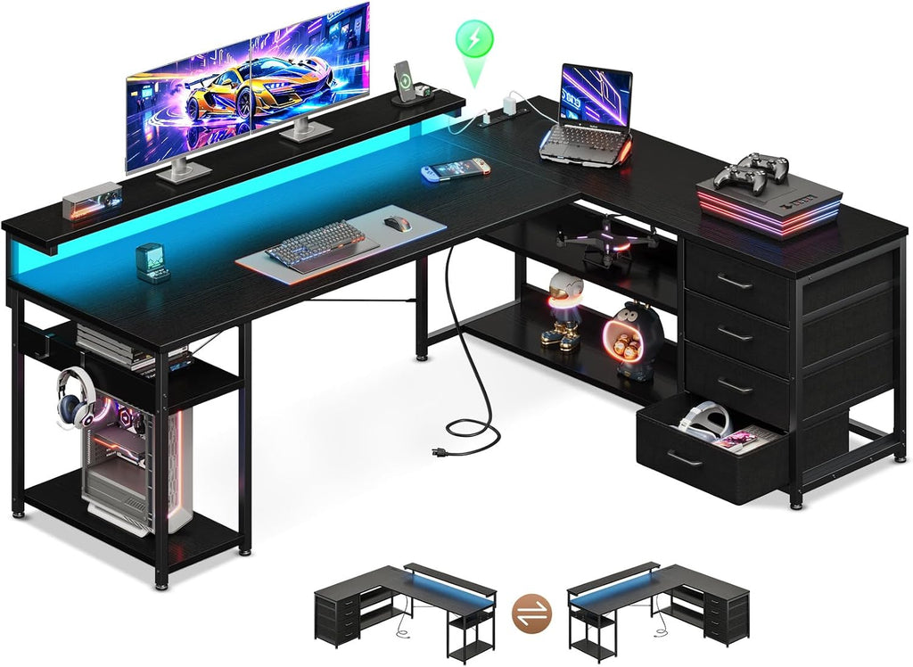 AODK 61' L Shaped Desk with Drawer, Computer Desk with Power Outlets & LED Lights, Reversible Corner Gaming Desk for Home Office Workstation, Office Desk with Monitor Shelf, Pure Black