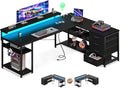 AODK 61' L Shaped Desk with Drawer, Computer Desk with Power Outlets & LED Lights, Reversible Corner Gaming Desk for Home Office Workstation, Office Desk with Monitor Shelf, Pure Black