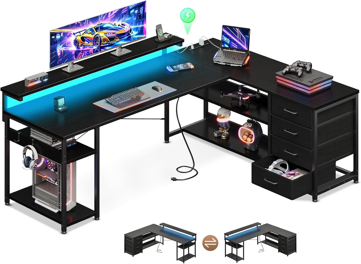 AODK 61' L Shaped Desk with Drawer, Computer Desk with Power Outlets & LED Lights, Reversible Corner Gaming Desk for Home Office Workstation, Office Desk with Monitor Shelf, Pure Black