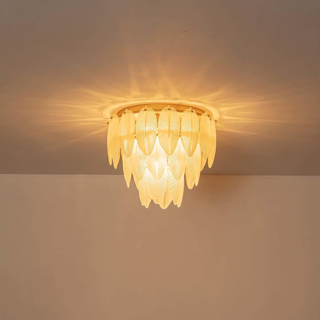 LumFurn D16in Modern Glass Chandeliers, 7-Light Elegant Design Flushmount Ceiling Light Fixture for Dining Room, Living Room & Bedroom, D16xH14inch, Frosted Glass Feather Shade & Gold Finish Frame