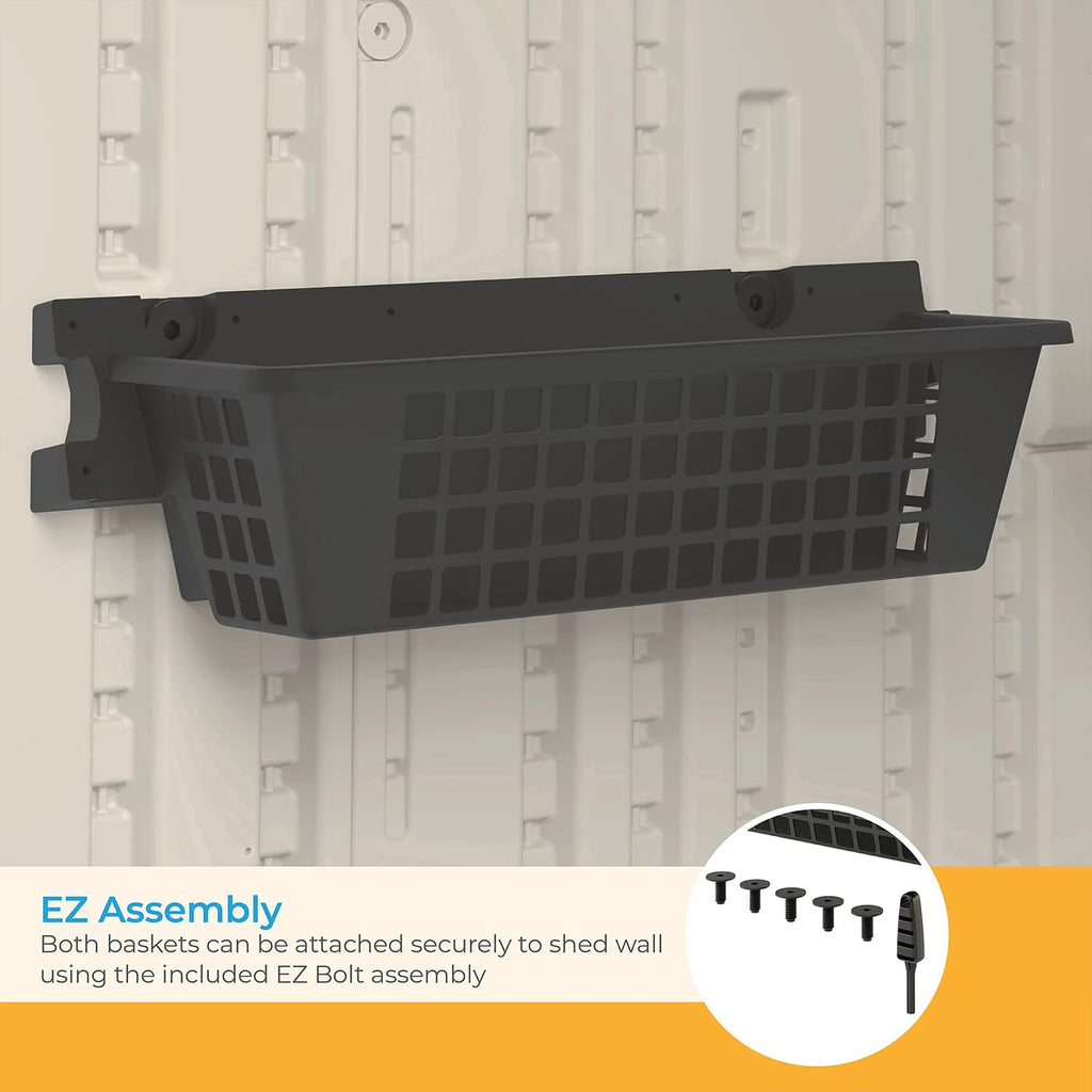 Suncast 6 Pack Accessory Baskets, Resin Organizers for Shed, Black, 25' x 7.25' x 7' - Outdoor Storage, 30 lb Weight Capacity, EZ Bolt Wall-Mount