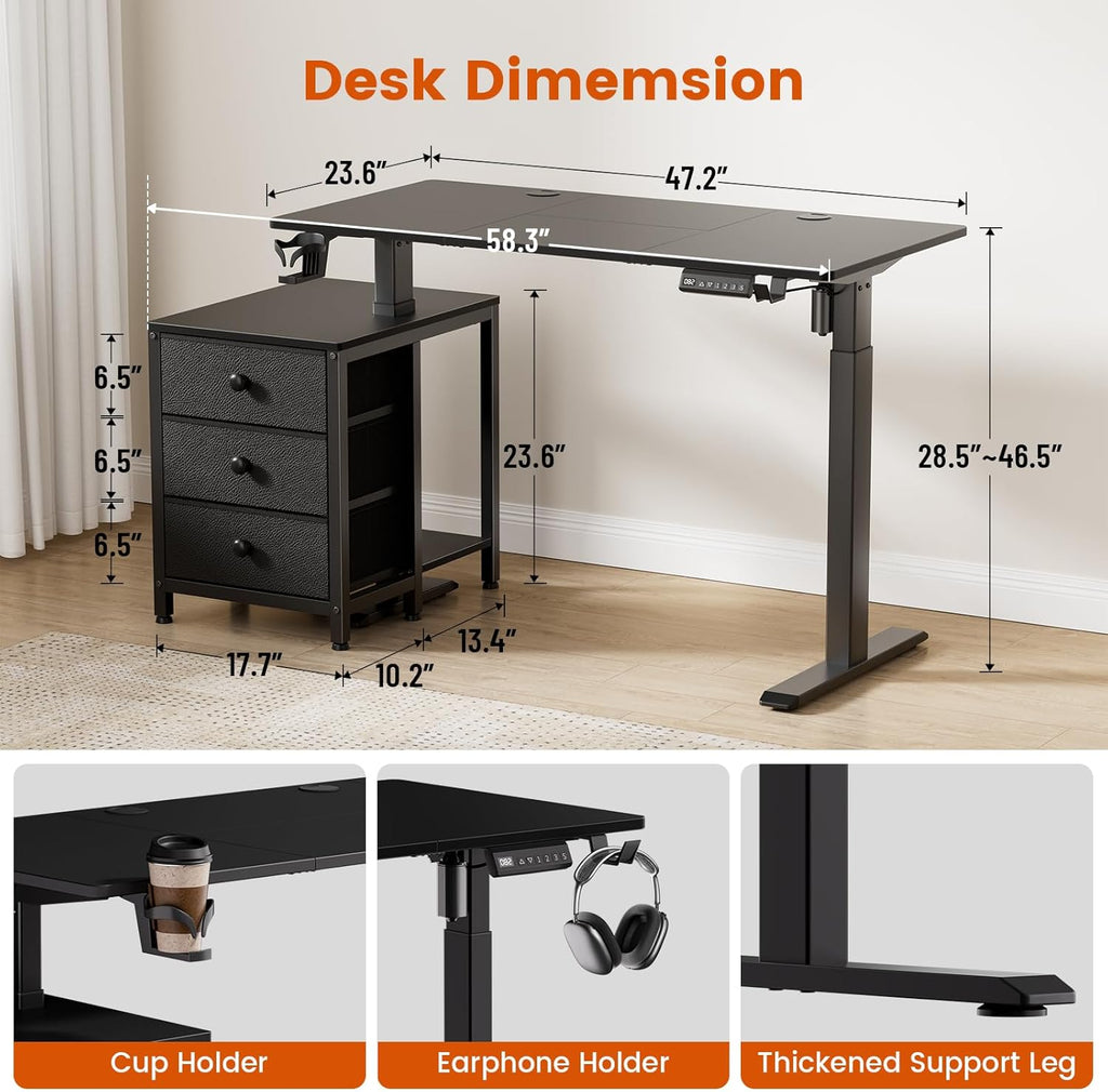 REAHOME Electric Standing Desk with Drawers, 47 x 24 Inches Height Adjustable Sit Stand Desk with Storage, 3 Memory Preset Home Office Computer Desk, Printer Cabinet, 2 Hooks, Cable Management, Black