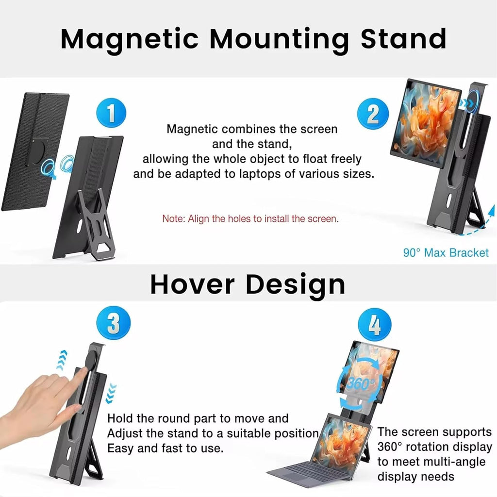 TUTT 16' Laptop Screen Extender with Stand 16:10 Ratio USB-C/HDMI + Speaker | Multiple Position Portable Monitor | Reverse Charging Plug-Play for Mac/OS/Wins/Chrome/Dex N2