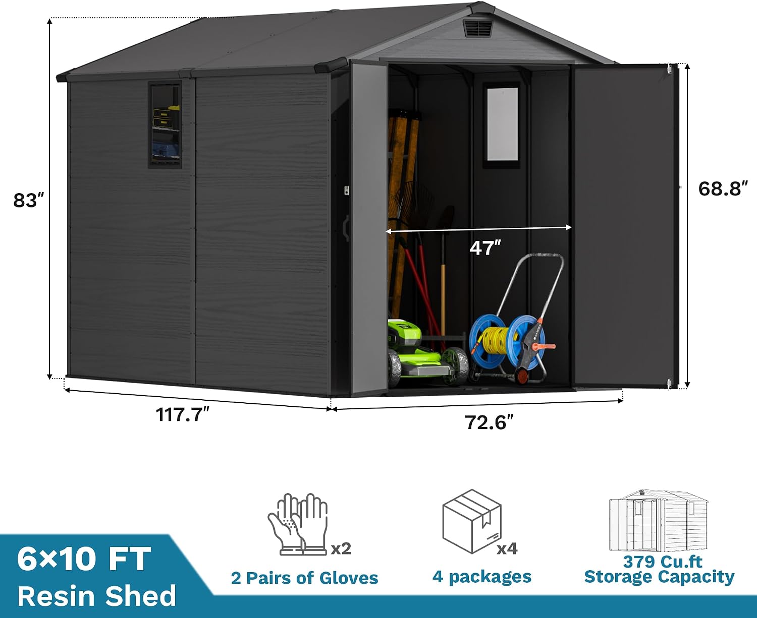 Devoko 6x10 FT Plastic Outdoor Storage Shed - Lockable Resin Tool Shed with Window & Floor, Dark Gray