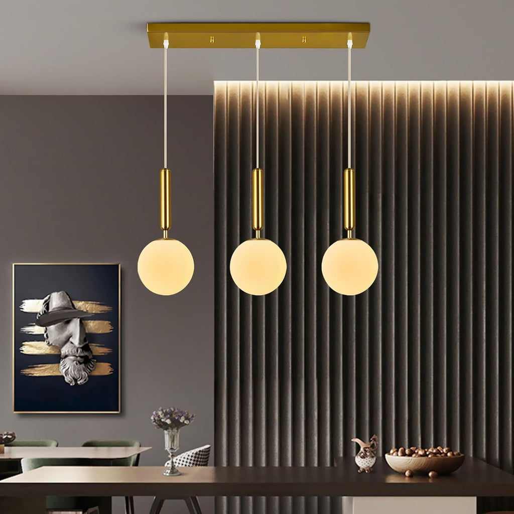 Modern Gold Pendant Light Hanging Fixture Light for Kitchen Island Mid Century with Globe Pendant Light Milk White Glass Pendant Lighting for Living Room Bedroom Entryway (3-Light)