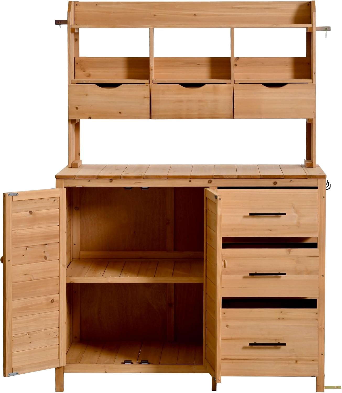 65' H Large Patio Potting Bench, Farmhouse Garden Workstation with 6 Drawers, Bottom Cabinet and Side Hook, Adjustable Shelf, Fir Wood Frame Outdoor Kitchen Island (Natural Wood/101)