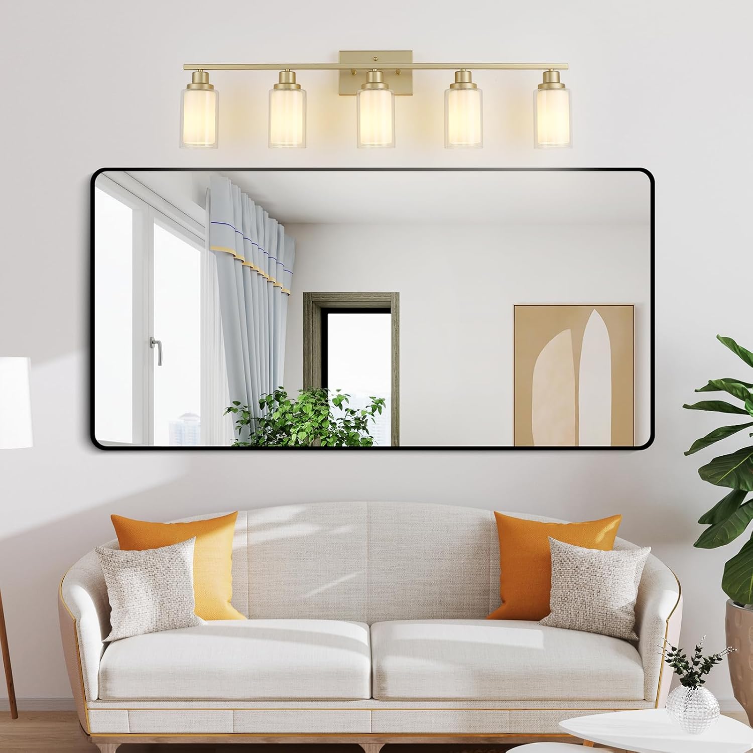 Jonsi Bathroom Vanity Light 5-Light Gold Vanity Lights 40' Bathroom Light Fixtures Over Mirror with Double Clear Glass Modern Wall Sconces for Living Room Hallway Bedroom