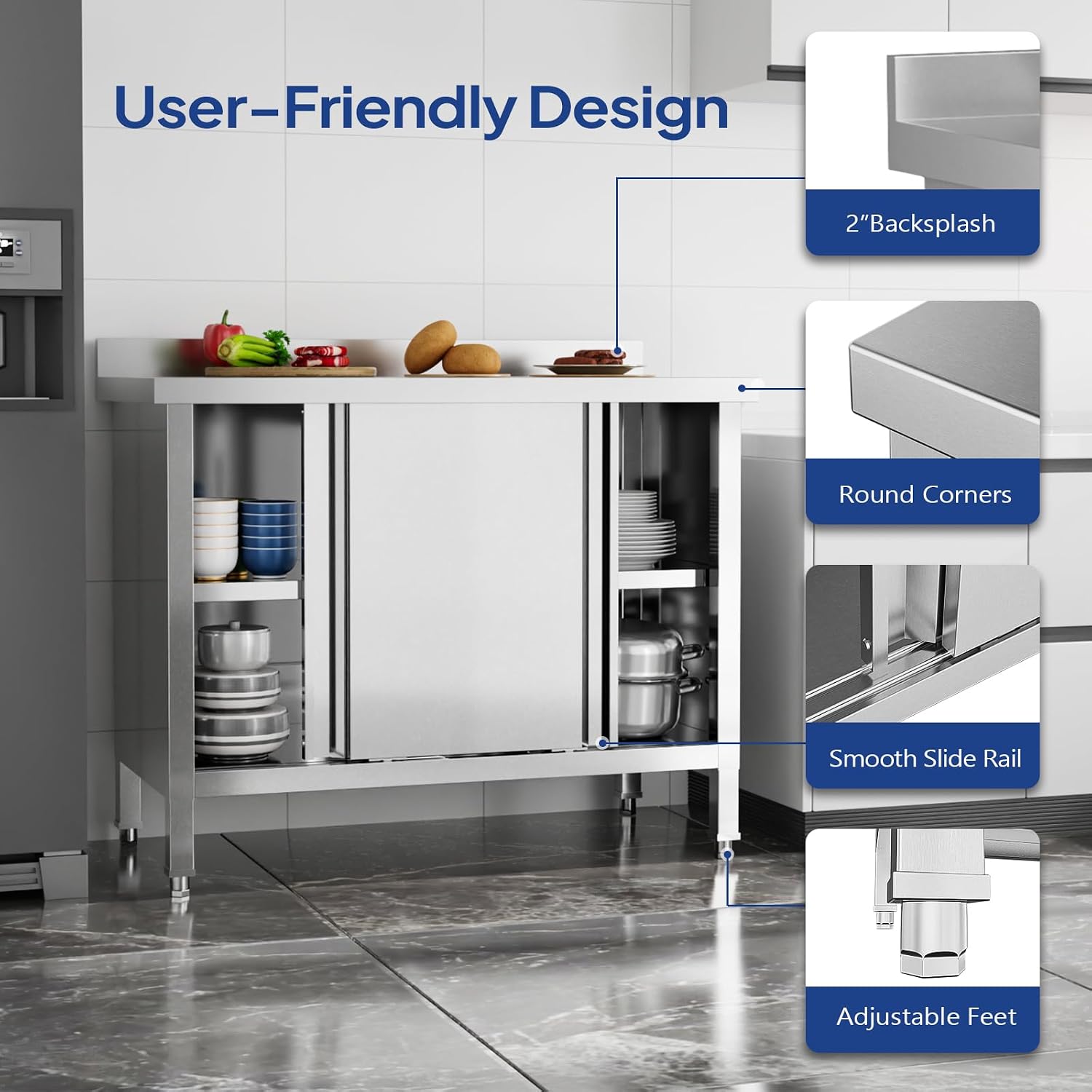 ROVSUN Commercial Heavy Duty Stainless Steel Prep Work Table with Backsplash & 2 Sliding Doors, Large Space Storage Cabinet, 39' x 19' Metal Table for Kitchen, Restaurant