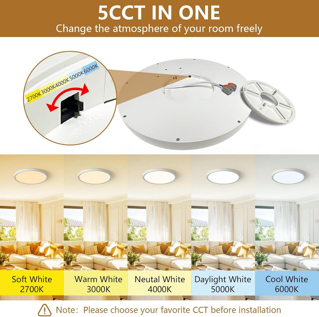 Dimmable 12Inch LED Flush Mount Ceiling Light, 24W, 2520LM, 2700K/3000K/4000K/5000K/6000K CCT Selectable,LED Round Flat Panel Light Dimmable from 5% to 100% for Bedroom,Kitchen,Hallway, White 12PK