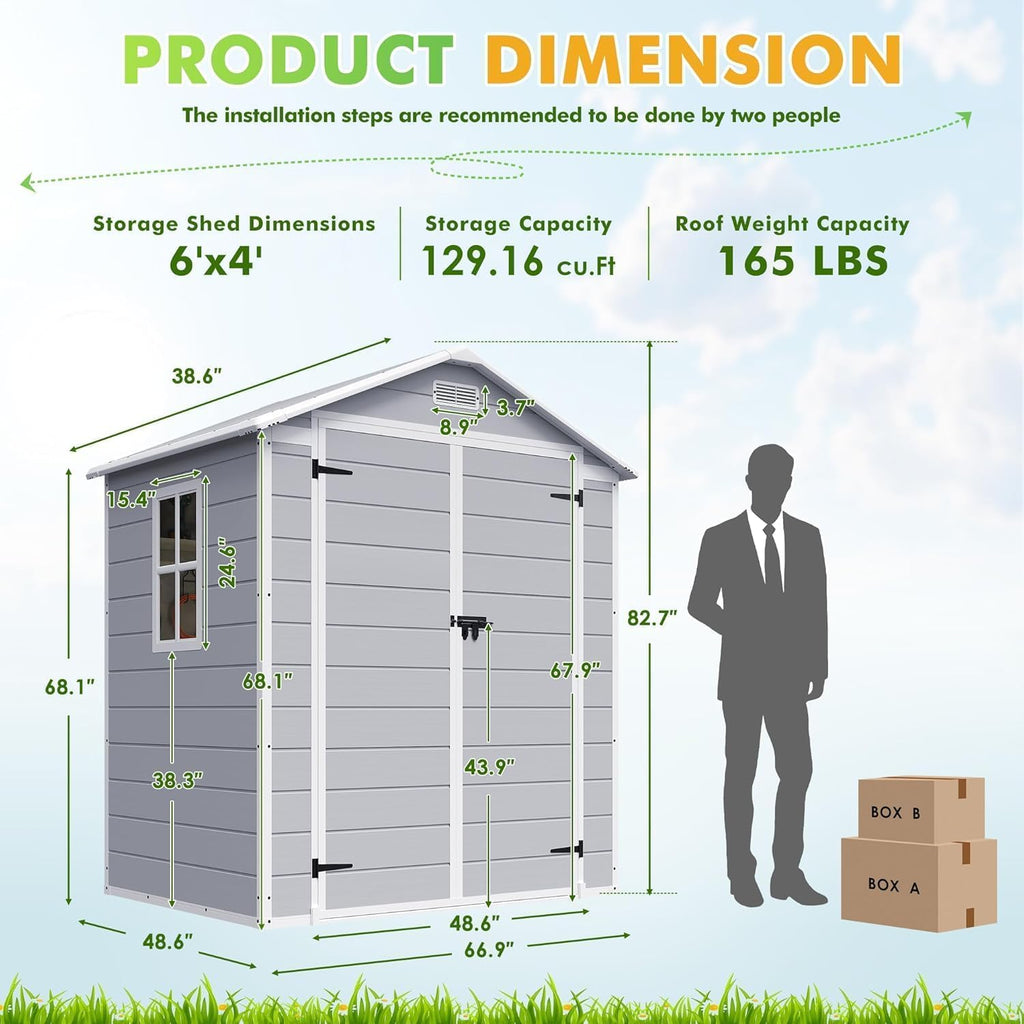 Devoko 6x4 FT Plastic Outdoor Storage Shed with Lockable Door, Outside Tool Shed with Floor for Backyard, Patio, Lawn, Light Grey