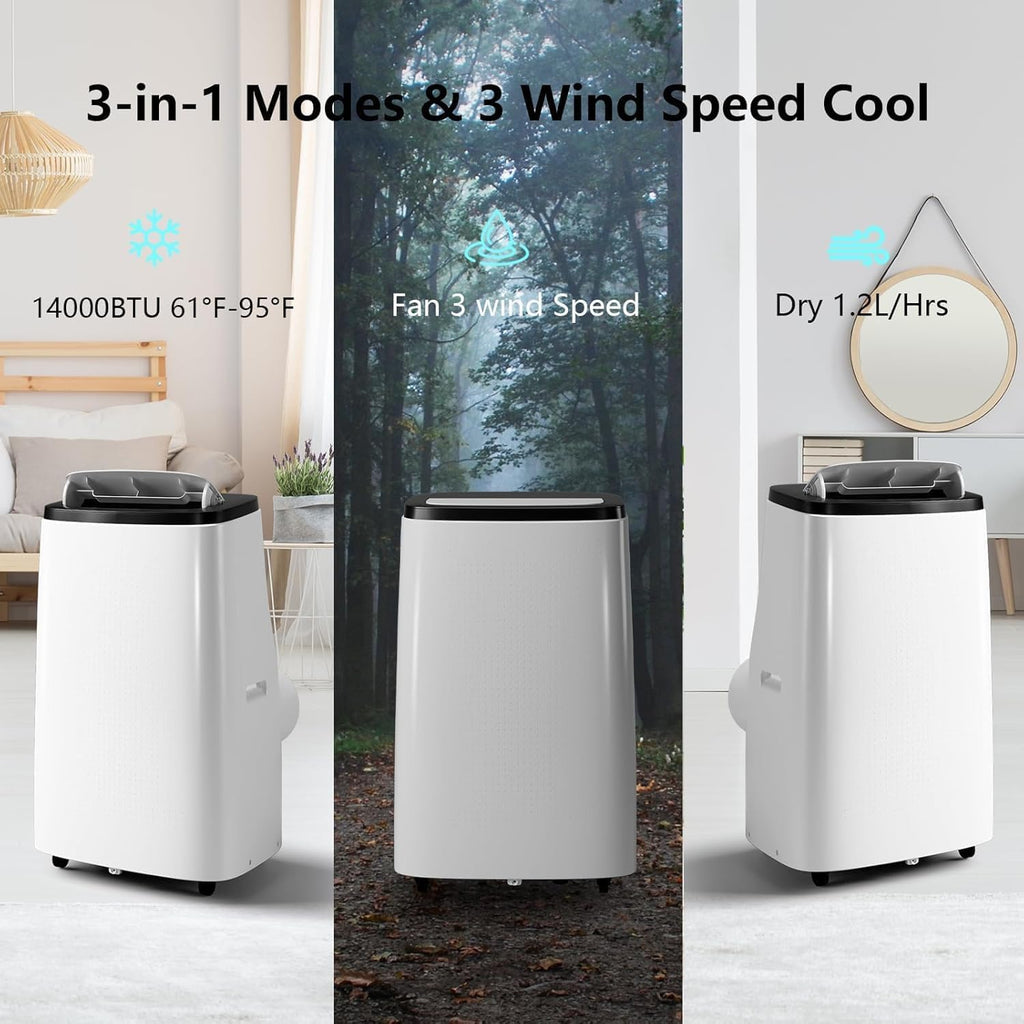 14000 BTU Portable Air Conditioner, with Remote Control 3 in-1 Ultra-Quiet Cooling, Dehumidifier & Fan for Rooms Up to 700 Sq. Ft. – Sleep Mode, 24H Timer & Windows Kit