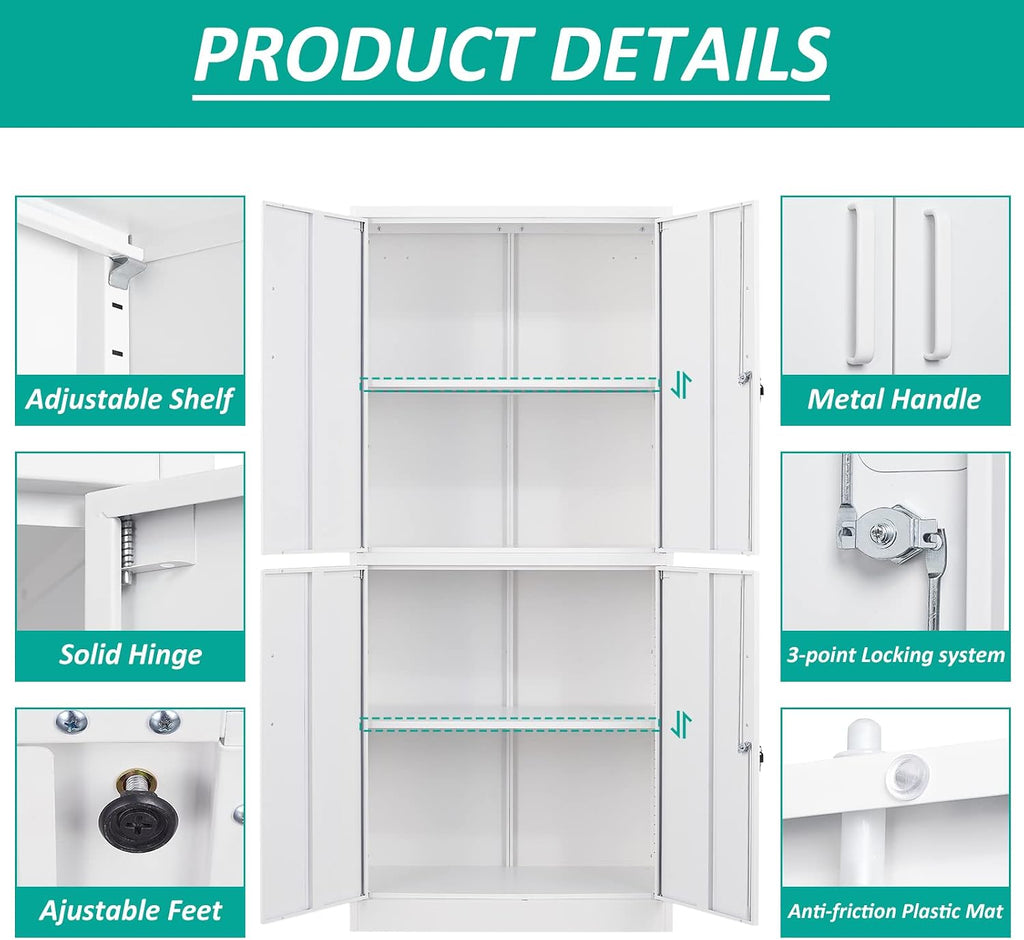 Metal Storage Cabinet with 3 Adjustable Shelves,White Storage Cabinet with Lock,71' Lockable Metal Cabinets with Locking Doors,Tall Steel Pantry Cabinets 4 Door for Home,Office,Garage,Bathroom,Kitchen