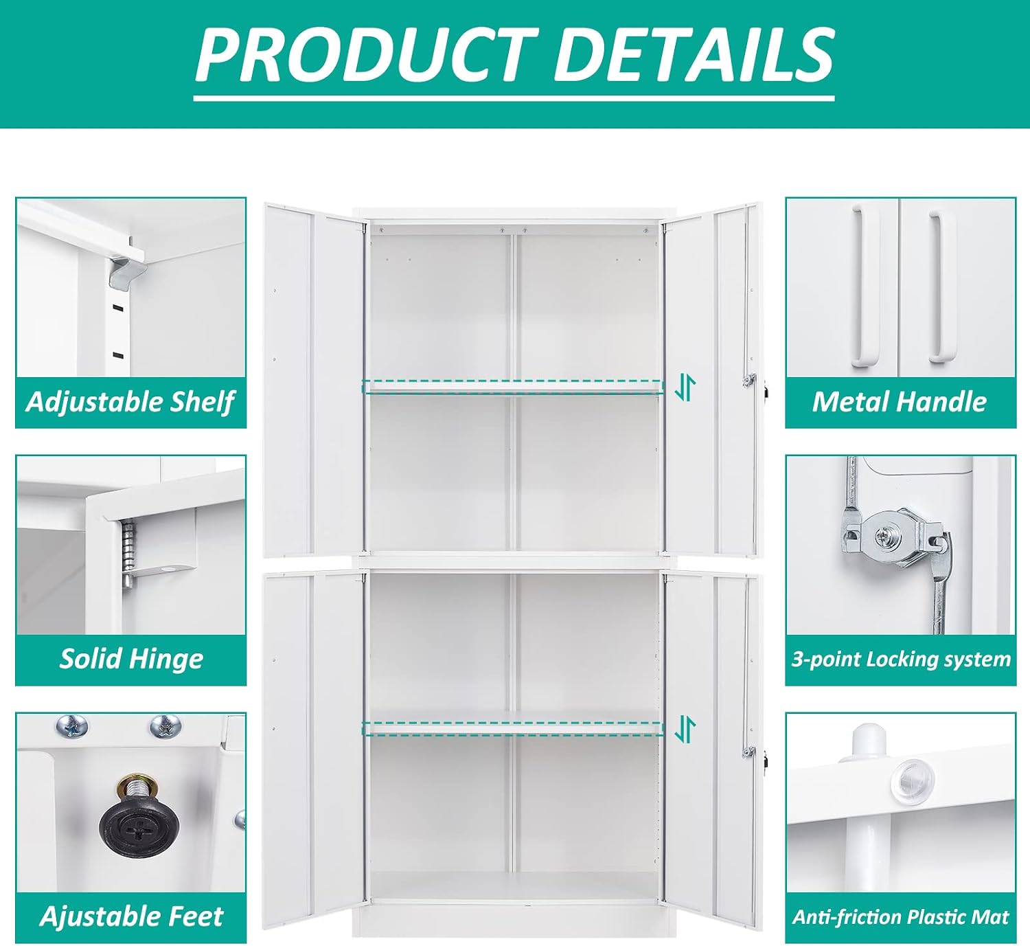 Metal Storage Cabinet with 3 Adjustable Shelves,White Storage Cabinet with Lock,71' Lockable Metal Cabinets with Locking Doors,Tall Steel Pantry Cabinets 4 Door for Home,Office,Garage,Bathroom,Kitchen