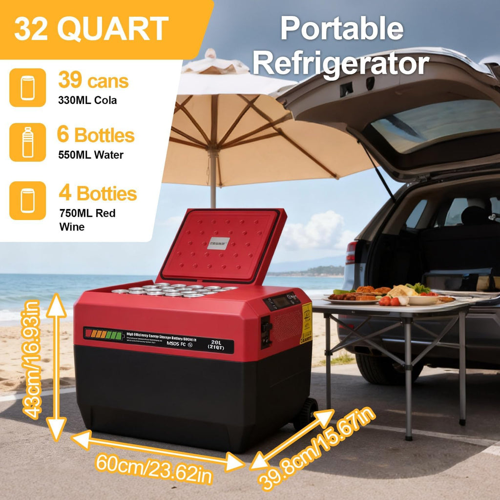 Camping Refrigerator, 32 Quart Portable Car Refrigerator, 0.8KWH Battery Powered Camping Refrigerator, 48+ Hours of Runtime, 12V DC 110-240V AC Rerigerator for Car Travel Camping Road Trip