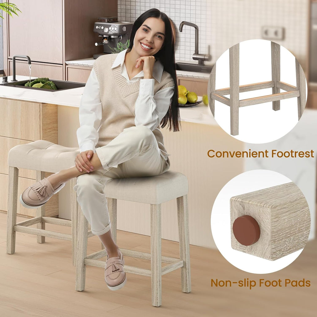 NAFORT Counter Height Saddle Stool Set of 4, Wooden Upholstered Stools Set with Rubber Wood Legs, High-Density Sponge Cushion, Non-Slip Pads, Backless Saddle Chair for Living Room, Kitchen, Pub, Beige