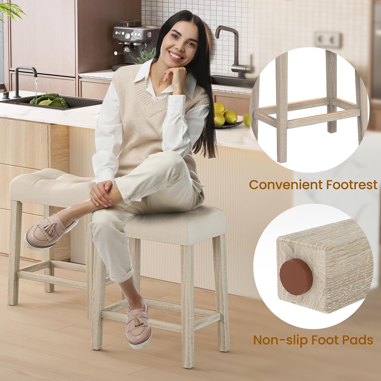 NAFORT Counter Height Saddle Stool Set of 4, Wooden Upholstered Stools Set with Rubber Wood Legs, High-Density Sponge Cushion, Non-Slip Pads, Backless Saddle Chair for Living Room, Kitchen, Pub, Beige