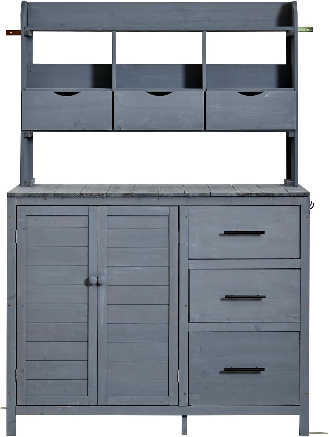 Farmhouse Patio Potting Bench, 44.6''x19.5'' Large Freestanding Garden Workstation with 6 Drawers and Side Hook, Outdoor Kitchen Island (Gray-2)