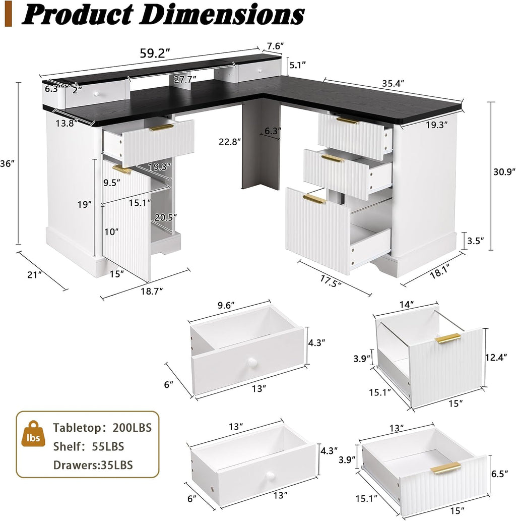 Fluted L Shaped Executive Desk with 6 Drawers & Monitor Stand, Home Office Computer Writing Desk with Power Outlets, File Drawer, Wood Corner Workstation Desk with Storage for Study, Bedroom(White)
