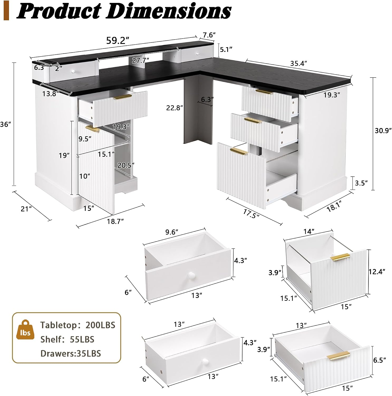 Fluted L Shaped Executive Desk with 6 Drawers & Monitor Stand, Home Office Computer Writing Desk with Power Outlets, File Drawer, Wood Corner Workstation Desk with Storage for Study, Bedroom(White)